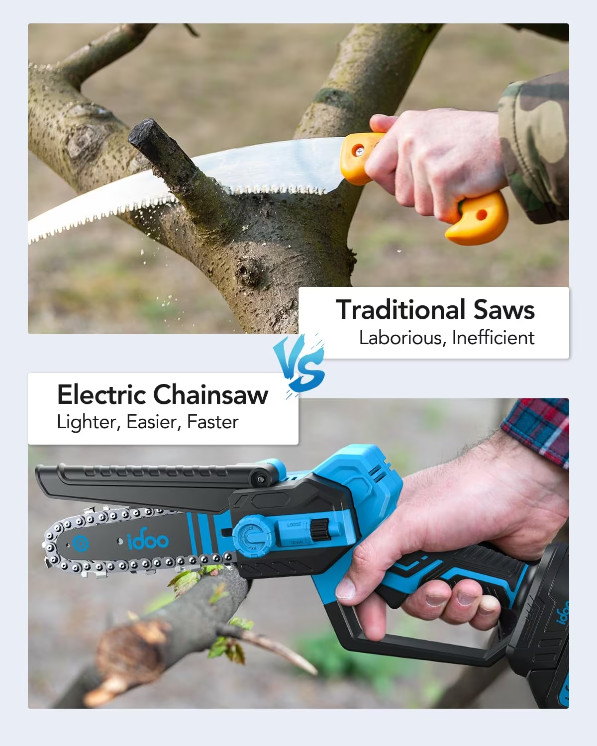 Test mini electric hand chainsaw with battery and safety 